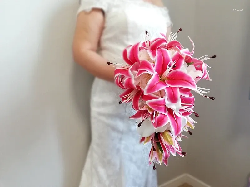Wedding Bouquet Cascading Waterfall Dark Pink Lilies with White