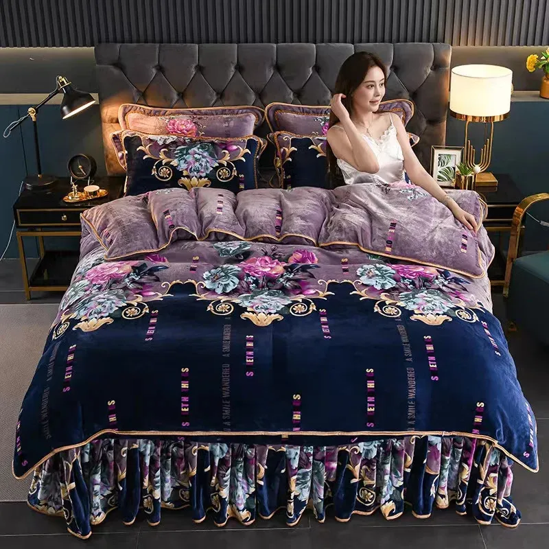 Bedding sets Sold Color Fine Velvet 4pcs Bedding Set King Queen Size Thicken Quick Warm Coral Fleece Quilt Cover Bed Sheet Pillowcase 231211