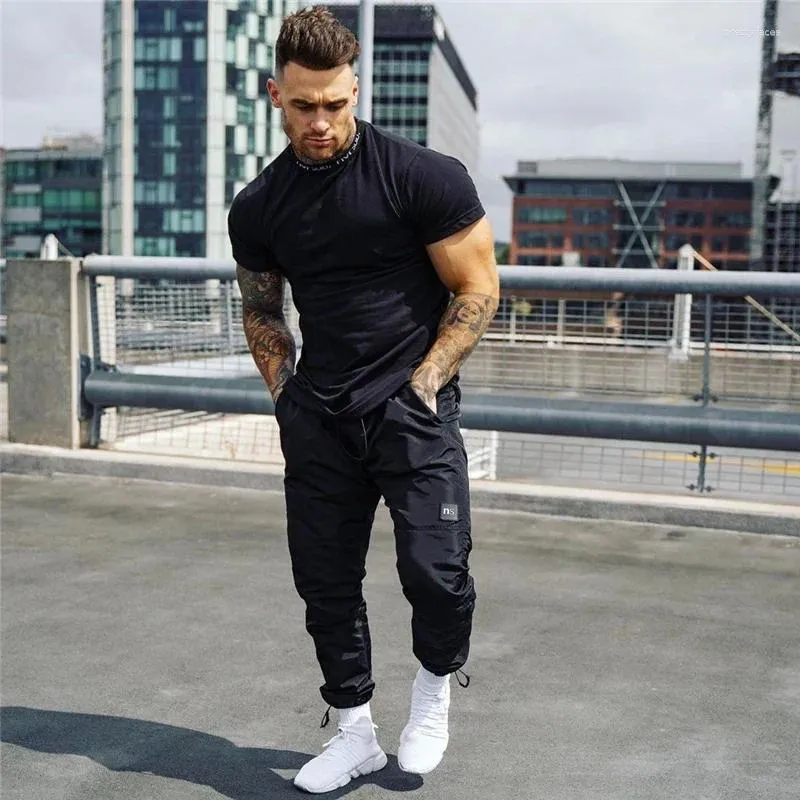 Men's Suits B3445 Gyms T-shirt Men Short Sleeve Cotton Casual Slim T Shirt Male Fitness Bodybuilding Workout Tee Tops Summer