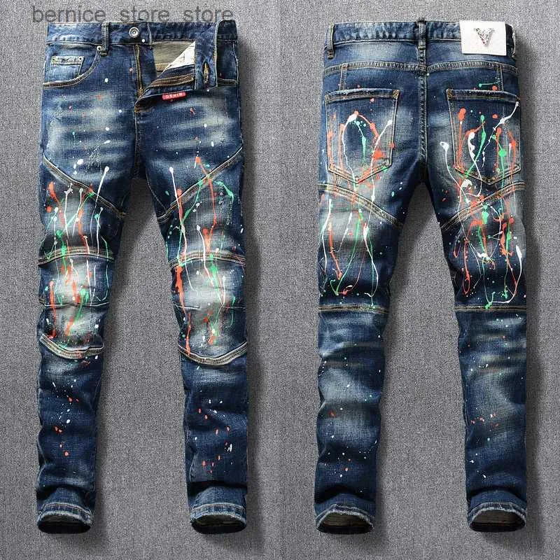 Jeans voor heren Street Fashion herenjeans Retro blauw stretch slim fit geschilderde gescheurde jeans Heren gesplitste designer hiphop denim bikerbroek Hombre Q231213