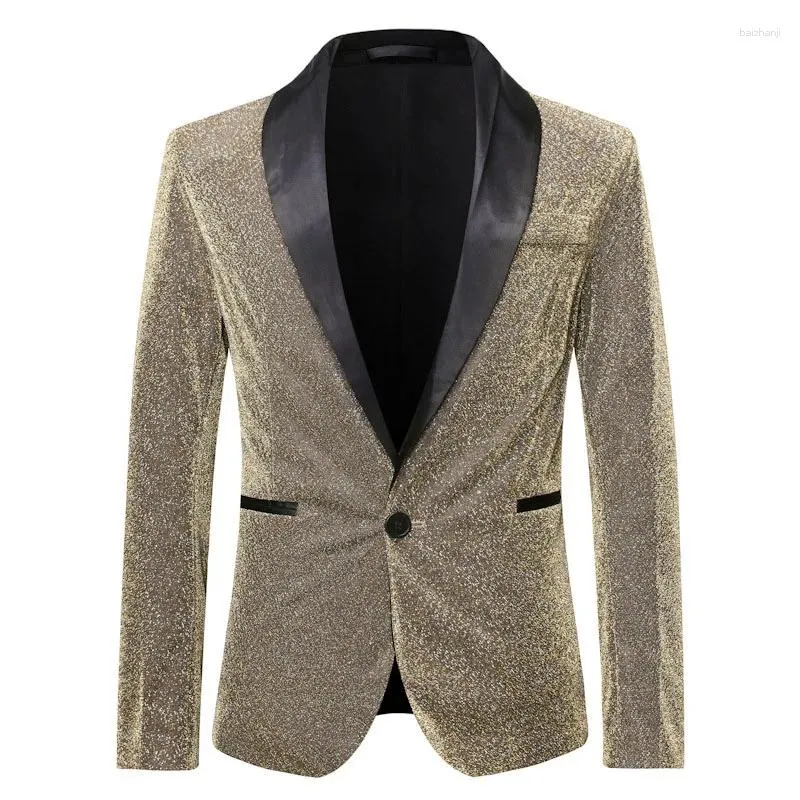 Costumes pour hommes Blazer à paillettes dorées brillantes pour hommes, veste de costume à revers châle à un bouton, DJ Club Bar bal de promo, vêtements de scène pour chanteurs