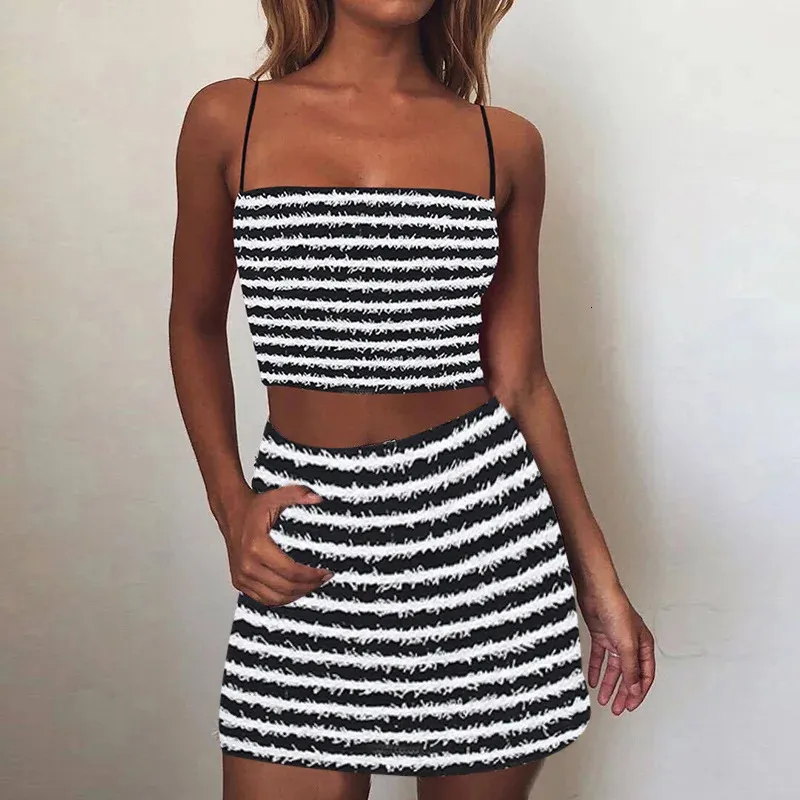 Two Piece Dress Two Piece Dress HOUZHOU Striped Knit Two Piece Sets Women Outfits Women's Summer Skirt and Cropped Set Fleece Sexy Sleeveless Night Club 231212