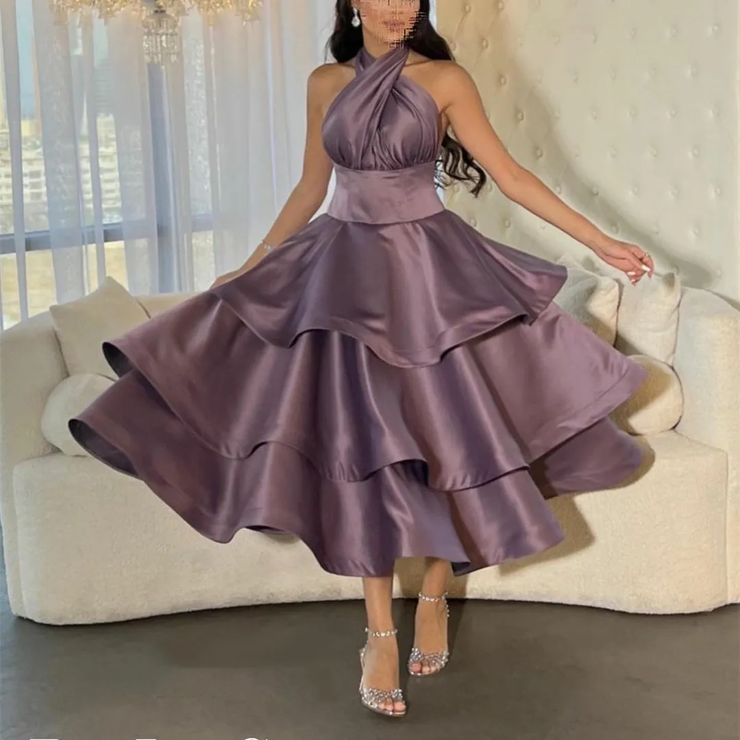 Halter Style Satin Evening Dress with Ruffles A-Line Tea-Length Prom Dress  for Women from Dhgate Evening Dresses