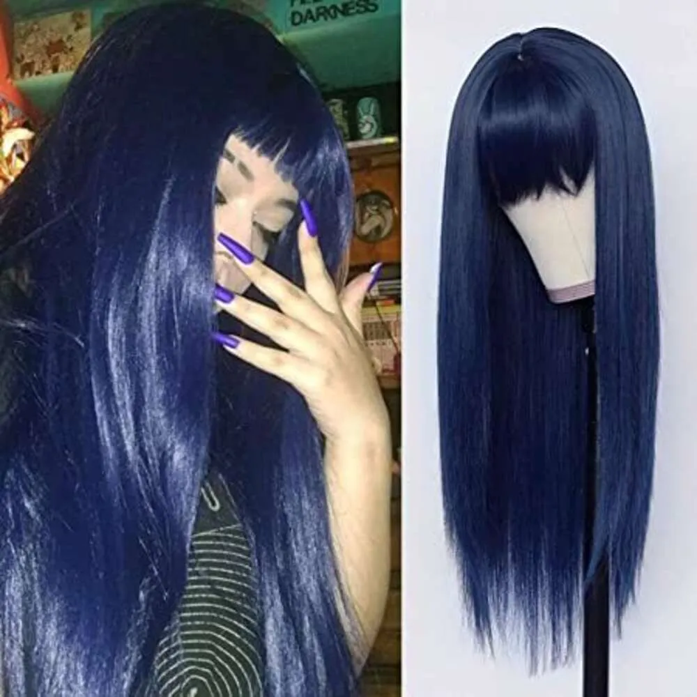 Perruque de cheveux synthétiques de remplacement avec frange, perruques résistantes à la chaleur de couleur bleue pour femmes à la mode