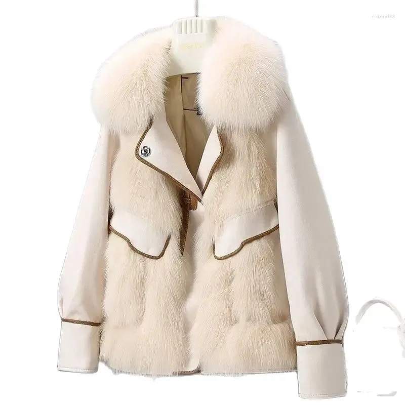 Frauen Pelz Winter Pelz Mantel Frauen 2023 Mode Lose Parker Jacke Mantel Kragen Tasche Zipper 3XL Beige Oberbekleidung Weibliche