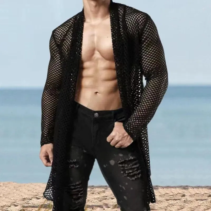 Herren-Freizeithemden, sexy Mann, große Größe, Schal, ausgehöhlte Strickjacke, Netzstoff, durchsichtig, langärmeliges Hemd, Tops, transparente Strandmode für Herren
