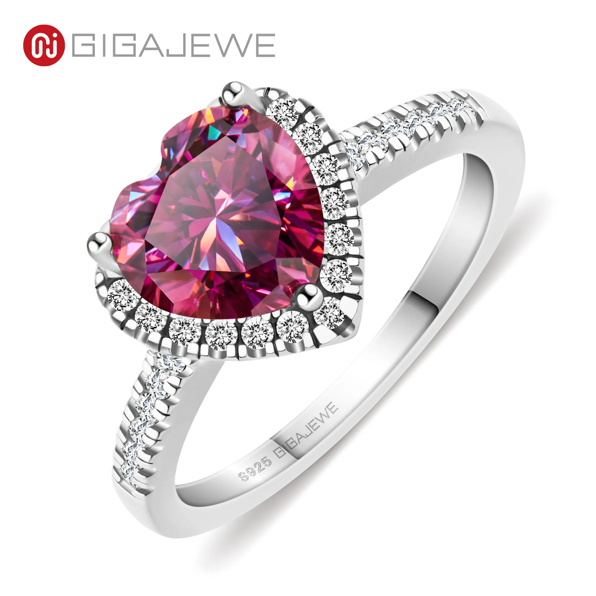 GIGAJEWE Moissanite ring hart gesneden 2,0 mm roze kleur VVS1 ronde geslepen 925 zilveren diamanten test geslaagd vrouw meisje cadeau GMSR-001