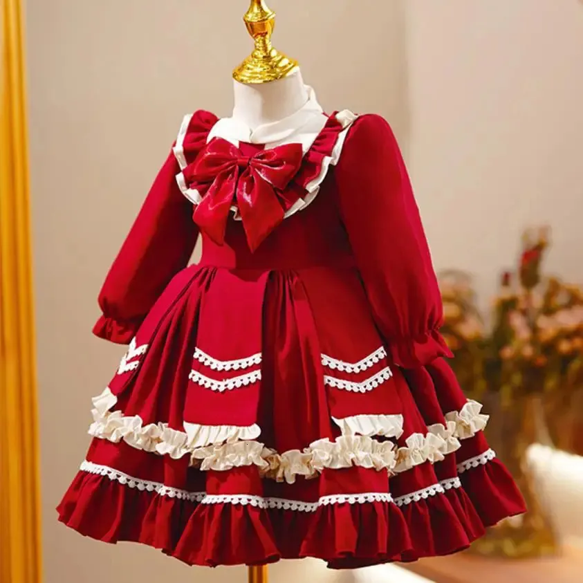 Mädchen Kleider Kinder Lolita Abendkleid Bogen Design Geburtstag Taufe Party Ostern Eid Rot Für Weihnachten A2052 231211