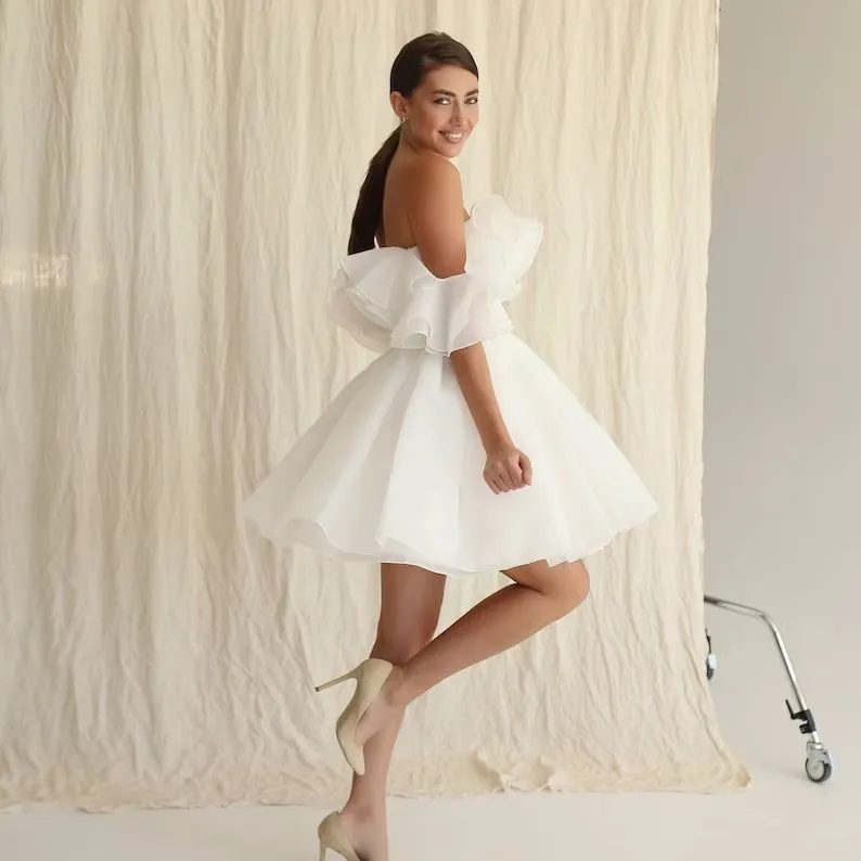 White Short Wedding Dress: Off The Shoulder Ruffles Organza Bridal Gown ...