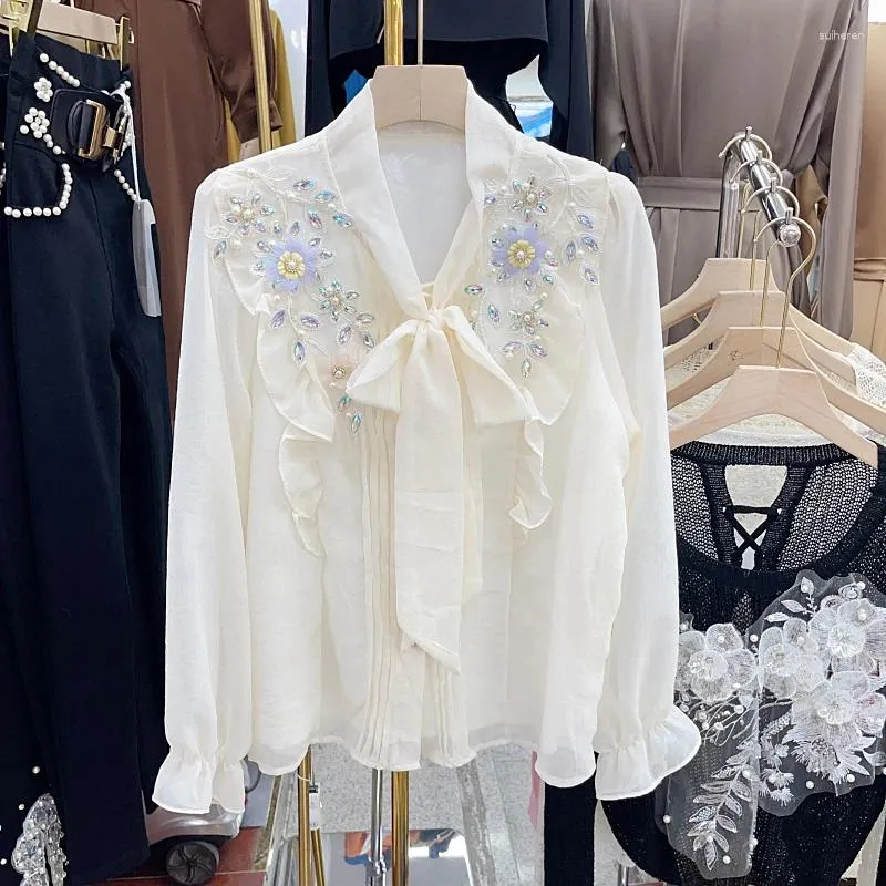 Frauenblusen WDMSNA 2023 Herbst Koreanische Mode Chiffon Hemd Frauen Lace Up Bow Design Besetzte Diamanten Langarm Blusas Top