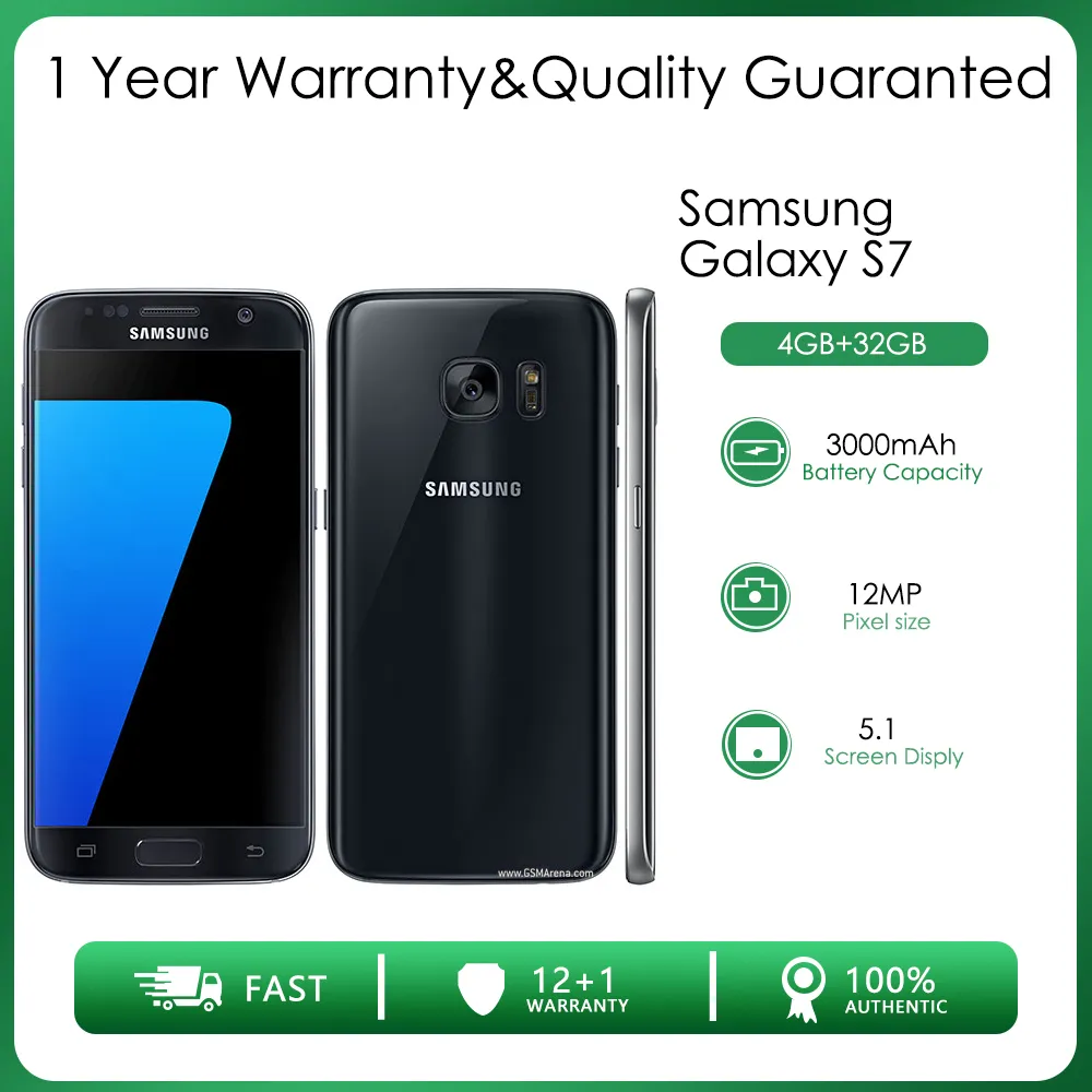 Original Unlocked Samsung Galaxy S7 G930A G930V G930F 4GB RAM 32 GB ROM 12MP 5,1 tum skärm 3000mAh Battery Unlocked Mobiltelefon