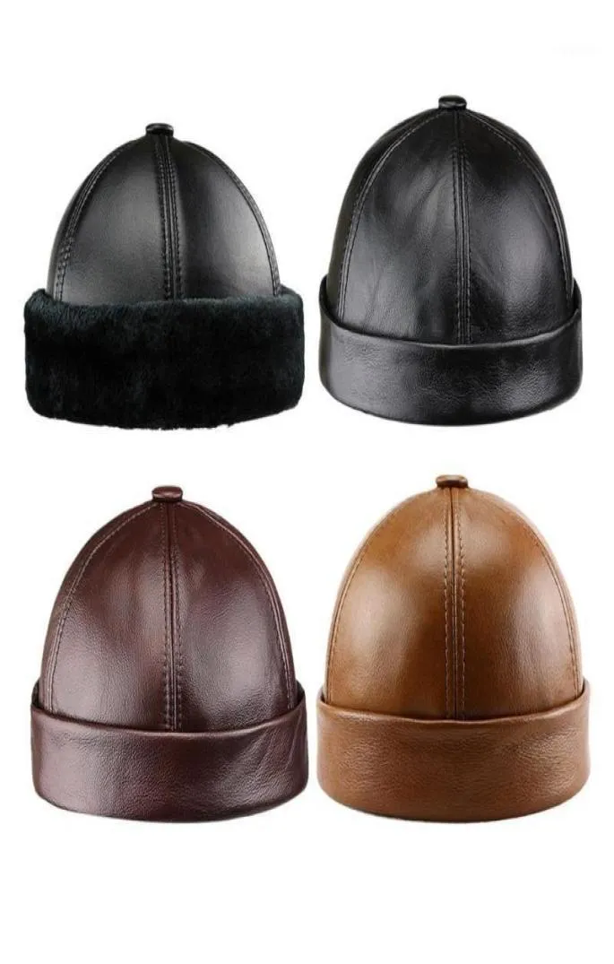 Bérets de haute qualité en cuir véritable chapeau hommes mode solide hiver chaud bonnet chapeaux tendance vieil homme peau de vache casquette plate5544310