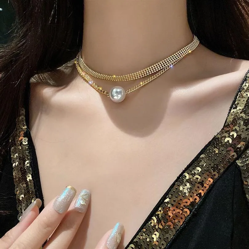 50% de réduction sur l'arrivée d'un pendentif en perles, Double collier, chaîne en plaque d'or pour femmes, bijoux Discount273I