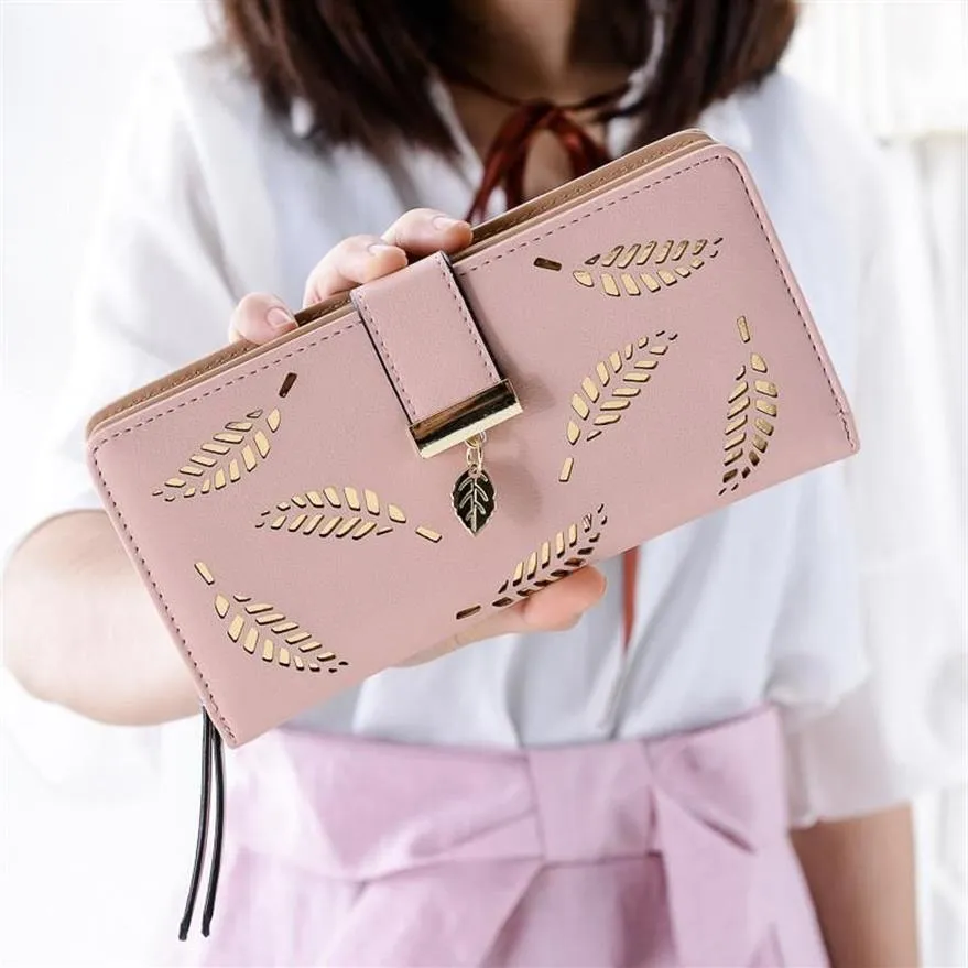 Wallets Women's Wallet Portfel Female Long Gold Hollow Leaves Pouch Handbag For Women Coin Purse Card Holders Portefeuille Fe251P