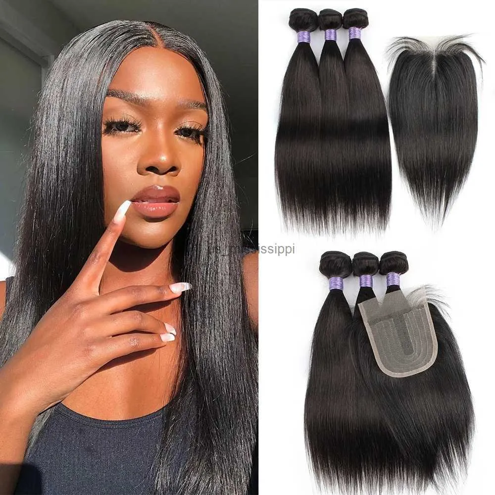 Synthetic Wigs Natural color hair bundles with closure straight 200g/set Brazilian middle part 4x4 closure with T type laceL240124