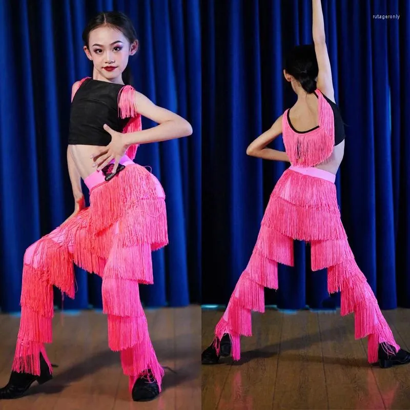 Bühne tragen 2023 Latin Dance Kostüme Ärmelloses Top Quasten Hosen Für Mädchen Leistung Tanzen Kleidung Zeigen SL9540