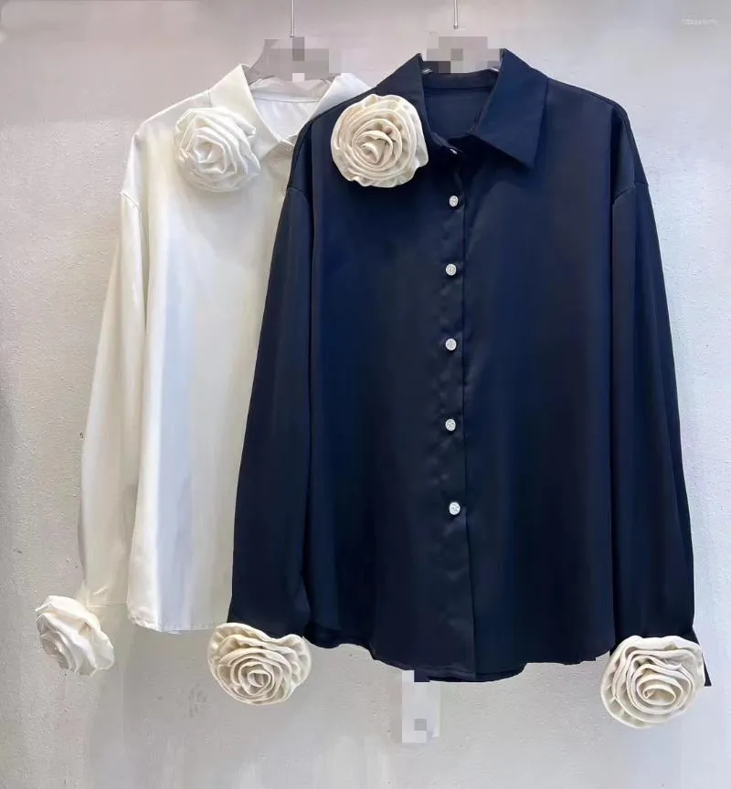 Chemisiers Vintage à col rabattu pour femme, chemises noires amples, manches longues, motif floral, simple boutonnage, hauts blancs, automne 2023