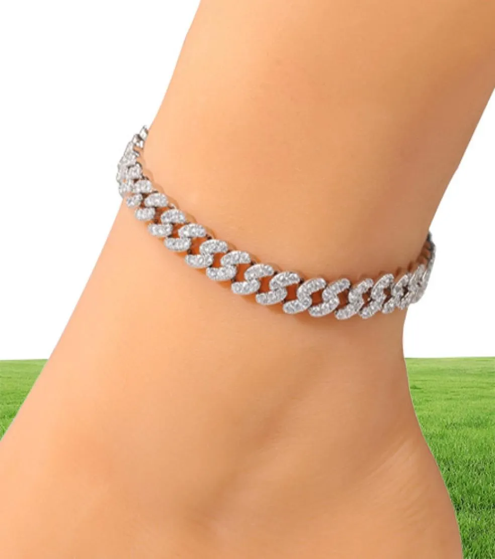 Bracelets de cheville pour femmes Bracelet glacé lien cubain bracelets de cheville or argent rose diamant Hip Hop cheville chaîne de corps bijoux 7054265