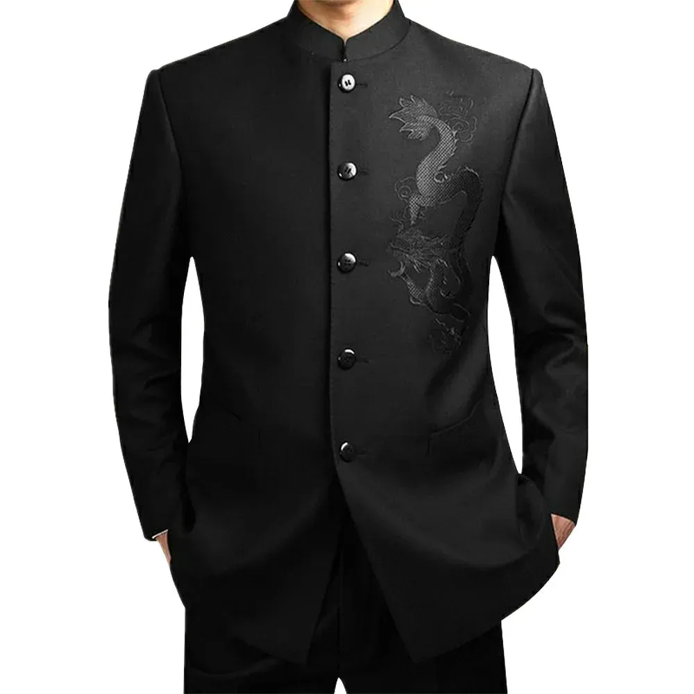 Costumes pour hommes Blazers Noir Chinois Robe Costume Hommes Traditionnel Col Montant Apec Leader Vêtements Mâle Broderie Dragon Totem Tang 231211