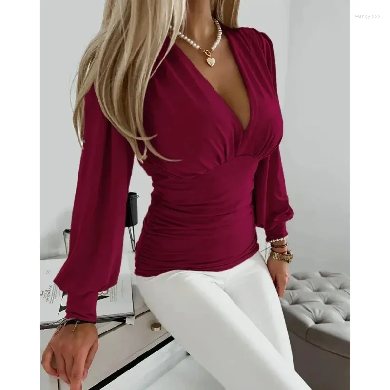 Damesblouses V-hals Slanke shirts met lantaarnmouwen Dames Elegante witte trui Top Femme Sexy printoverhemd Blouse Blusas Rayas Para Mujer