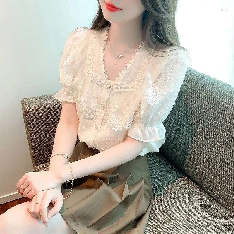 Ladies White Lace Blouses Elegant Korean Style White Cotton Lace