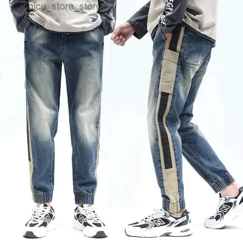 Herr jeans jogger byxor män jeans löst fit elastisk midja streetwear manlig harem byxor lapptäcke mode deserer mäns byxor kpop stil q231212