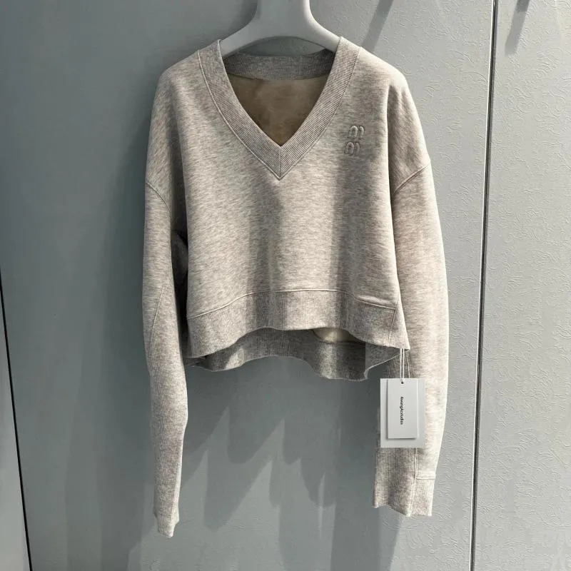 Damen-Kapuzenpullover, Frühherbst, französisches besticktes Baumwoll-Fleece-Sweatshirt, kurzer V-Ausschnitt, lässiger Pullover