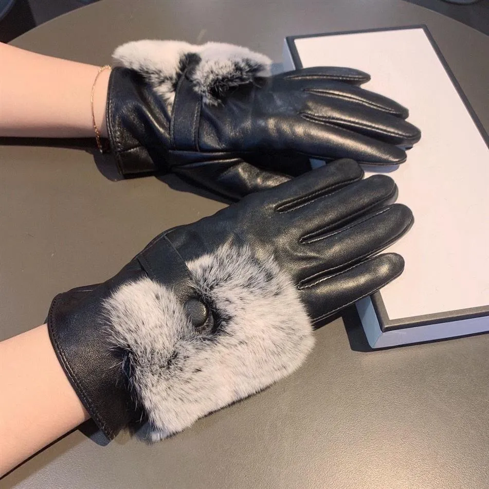 CH Designer handskar läderhandskar damer fårskinn kanin päls vintermitten för kvinnliga officiella replika motkvalitet europeiska siz282t