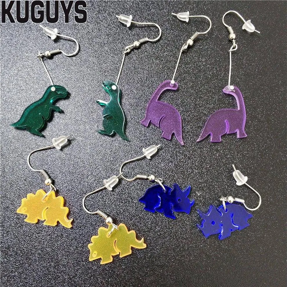 KUGUYS mode acrylique bijoux personnalisé clair acrylique longues boucles d'oreilles cadeau multicolore couleurs petit dinosaure balancent boucle d'oreille pour Wome262f