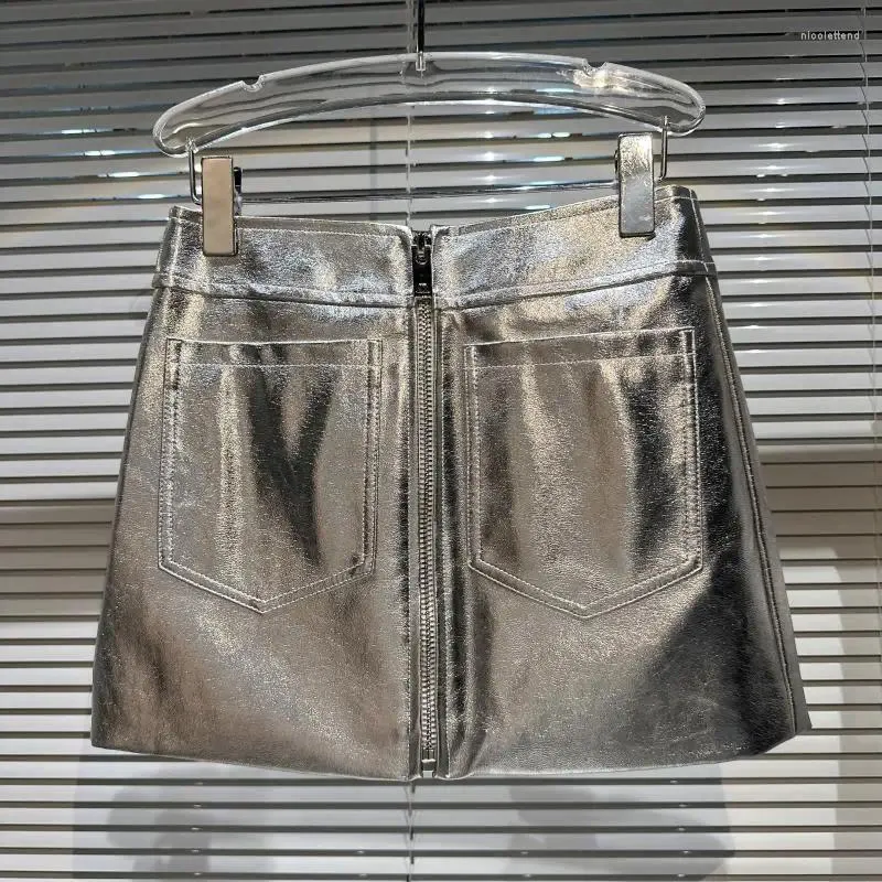 Skirts Women's Sexy Silver Gold Mini Metallic Skirt With Pockets Zip Up Short Black Leather