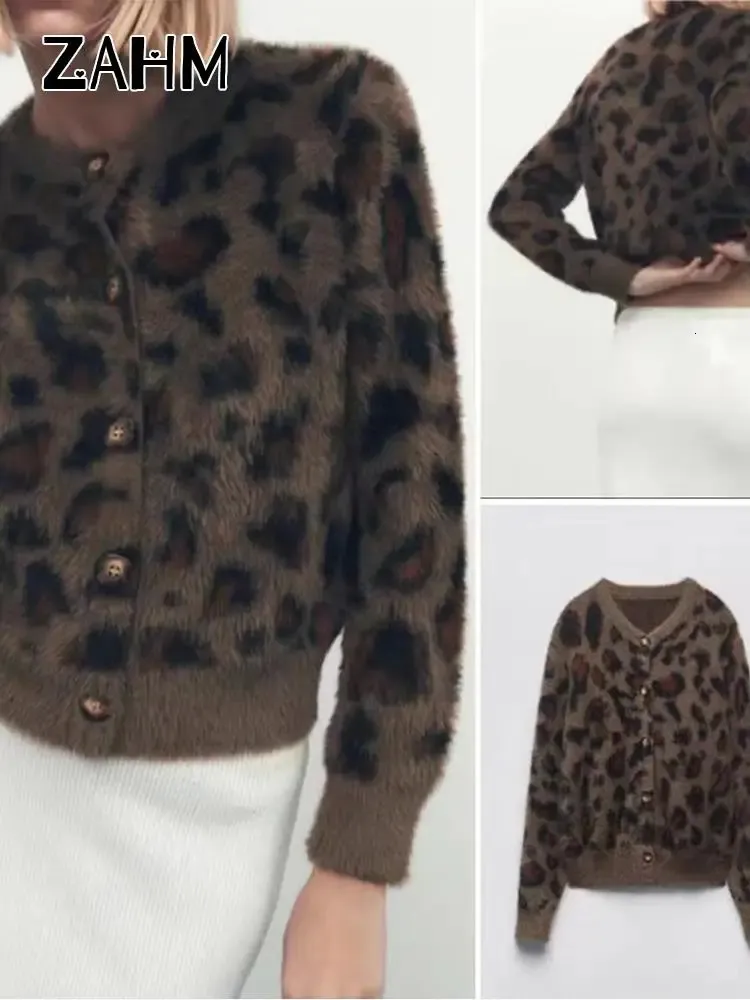 Pelliccia finta leopardata da donna Casual inverno donna lavorata a maglia manica lunga cardigan allentati maglione Top 2023 oversize kaki moda cappotto sexy 231212