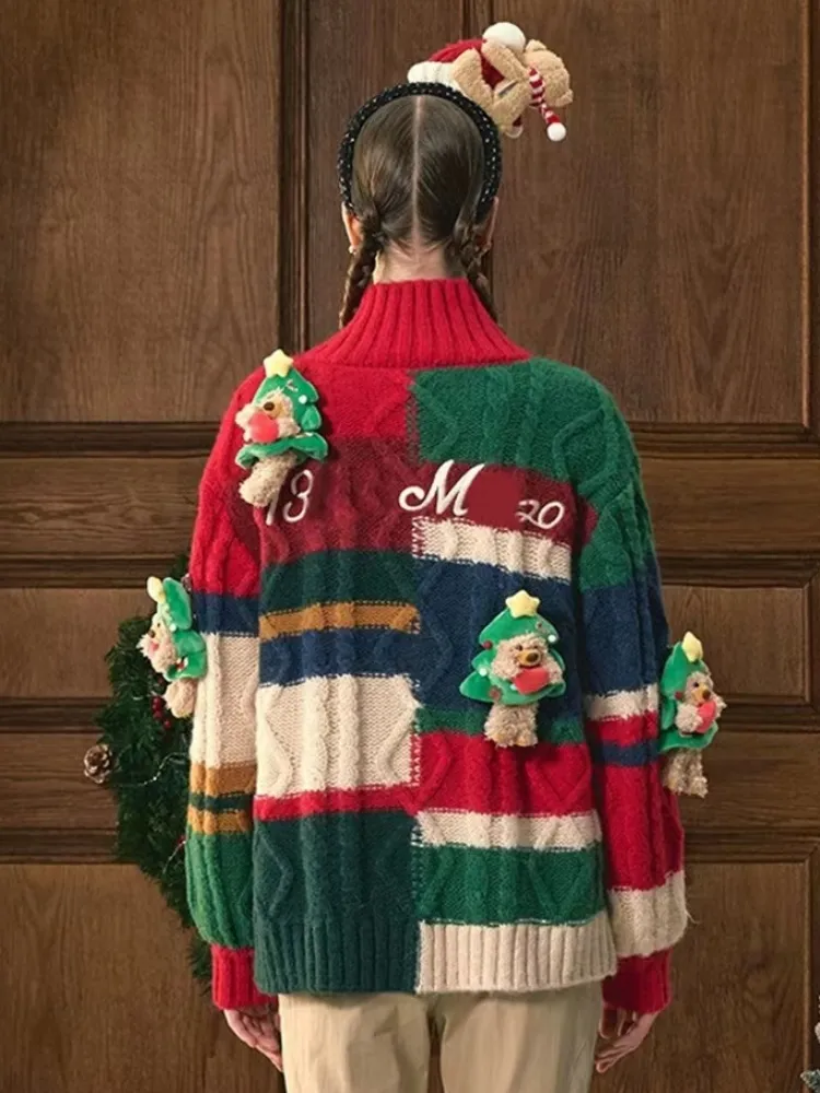 Pull pour hommes de créateur couleur d'arbre de Noël correspondant aux femmes jacquard dessin animé poupée 3D poupée de Noël couleur correspondant cardigan tricoté automne / hiver veste pull