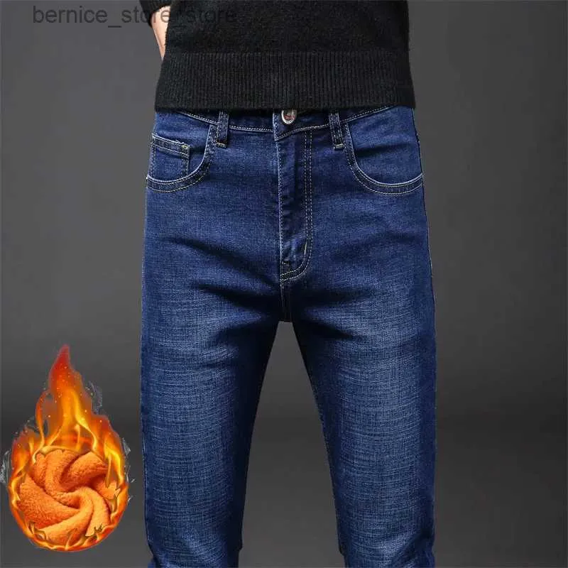 Mäns jeans vinter män varm flanell stretch denim jeans vinter högkvalitativ märke fleece byxor manlig termisk smal fit plysch stretch byxor q231213