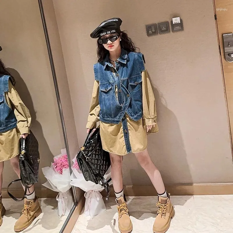 Girl Dresses 2023 Korean Spring Autumn Children Denim Skirt Junior One-piece Dress Elementary Party Teenager Puffy