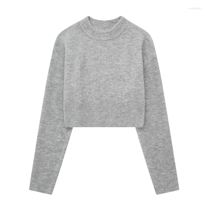 Pulls pour femmes Yenkye gris recadré pull en tricot femmes à manches longues col rond automne pull tricots décontractés