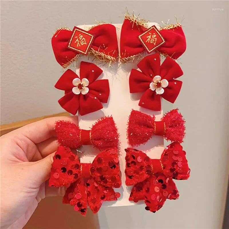 Hair Accessories 8Pcs/set Red Bow Spring Festival Clips Children Sweet Side Girls Year Headwear Kids