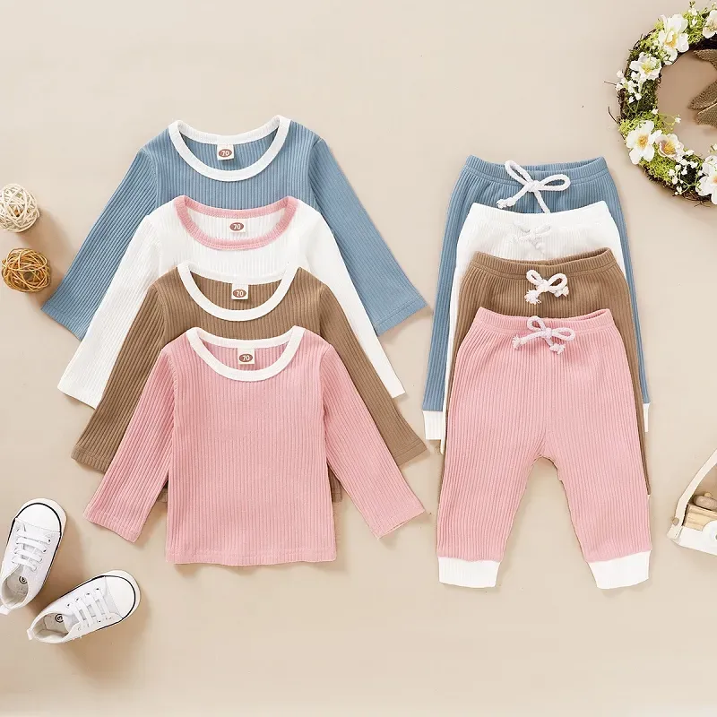 Autunno Bambini Pit Set di abbigliamento lavorato a maglia Ragazze T-shirt a maniche lunghe + Pantaloni 2 pezzi / set Abiti in cotone morbido Boutique Neonati Abiti solidi BJ