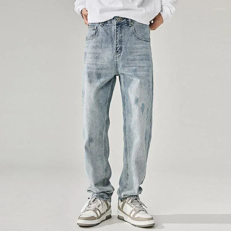 Jeans voor heren, lichtblauwe broek, rechte man cowboybroek, originele gewassen ontwerper in Kpop Y2k, streetwear, katoen, zacht