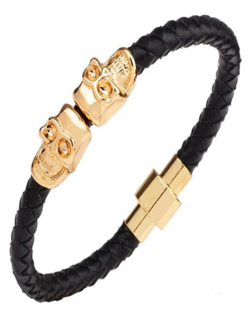 208 CM PU Leather Titanium Steel Skull Bracelet Men039s Woven Bracelet Gold Silver Punk Style Stainless Steel Woven Leather Br1775873