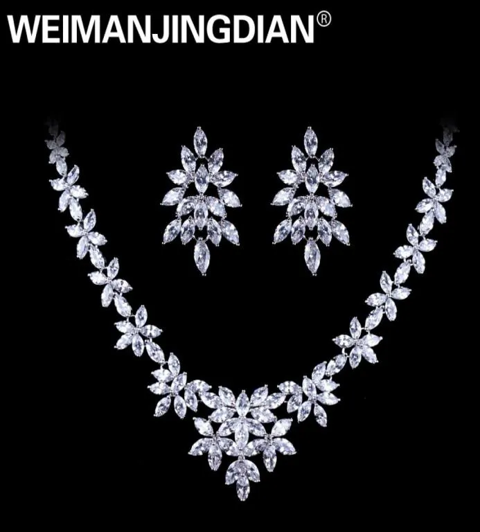 Weimanjingdian witgoud kleur vergulde kubieke zirconia bloemen ontwerp zirkon cz ketting oorrel bruiloft sieraden sets d181010021735783895977