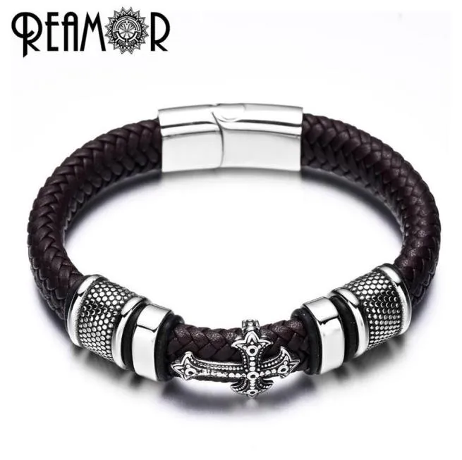 Ramor 12 mm breedte gevlochten lederen heren armbanden 316L roestvrij staal charmes manchet armbanden armbanden trendy mannelijke sieraden SH1908302878