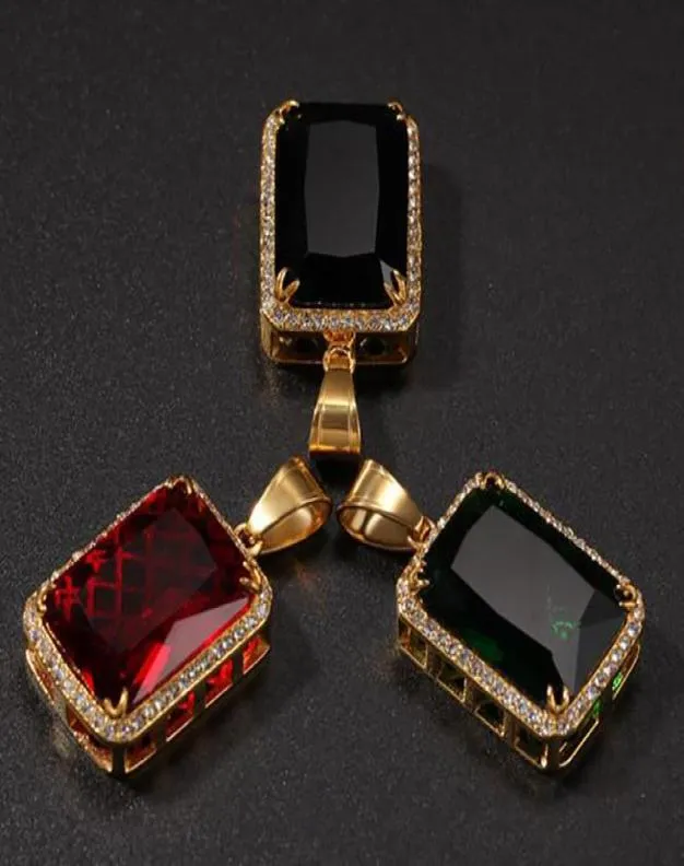 Vermelho verde preto grande laboratório rubi retângulo gem pingente bling simulado diamantes rubi jóias 18k amarelo banhado a ouro colar6953804