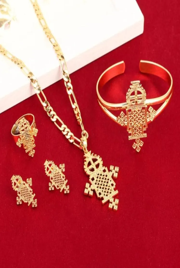 Orecchini Collana in oro e argento placcato Set di gioielli per bambini etiopi per ragazze adolescenti Donne Nigeria Congo Uganda2675209
