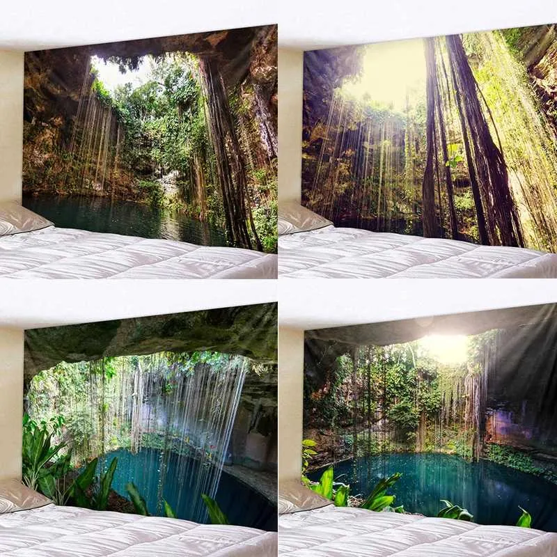 Tapisserier Hemma Tapestry Wall Hanging Nordic Natural Landscape Waterfall Abstrakt Bakgrund Tygrum Väggmålning kan anpassas