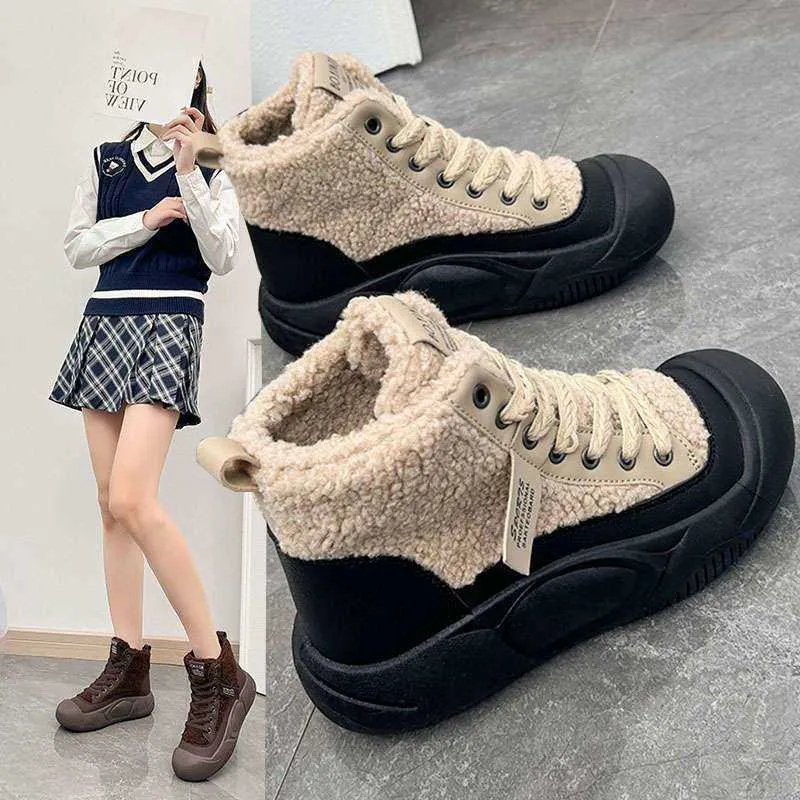 Chaussures semelles épaisses Fury haut bottes courtes femmes en automne hiver de hauteur décontractée augmenter mouton gâteau laine peluche coton chaussures