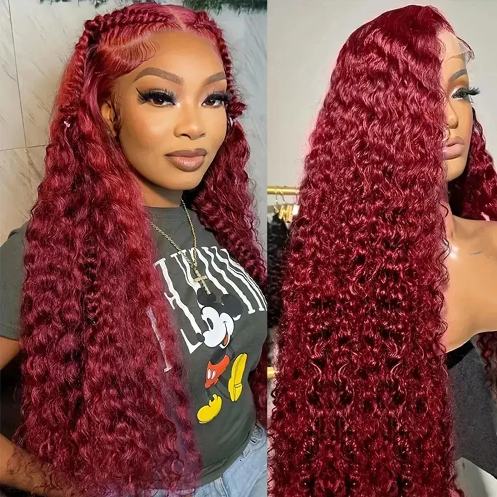 Synthetic Wigs 13x4 13x6 Deep Curly Lace Frontal Wig Transparent 99J Burgundy Curly Lace Front Wigs Red Colored HD Deep Wave Human Hair Wigs 231211