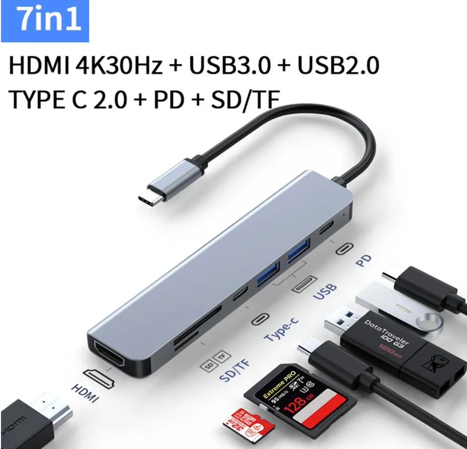 Hub USB 7 in 1 di tipo C. Lo splitter Seven In One 4K 30 Hz supporta tutti i computer con canale di tipo C su USB compatibile con Hdmi