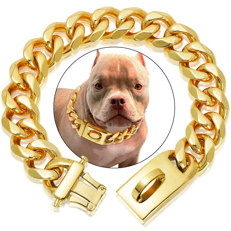 Dog Training Obedience Heavy Duty Gold Collar with Solid Buckle 304 Stainless Steel Cuban Link Chain Luxury Metal Pets Walking Choker 231212