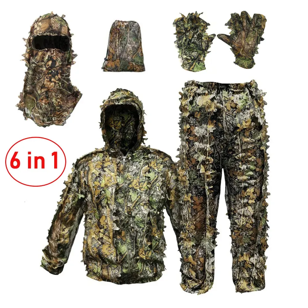 Kapity rowerowe maski oddychające kamuflaż do polowania na mężczyzn dla mężczyzn Woman Lightweight i z kapturem dziko liściastym designem leśnym łowcą Ghillie Suit 6 w 1 231212