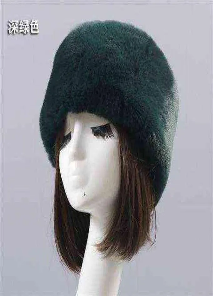 Dark Green Flat Roof y Snow New Year Winter Plush Thick Fur Hat Faux Fox Furry Cap Head Warmer Outdoor Hats Women Girl Men Y211118942661